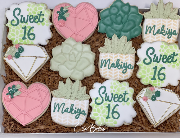 Succulent theme birthday sugar cookies - 1 dozen