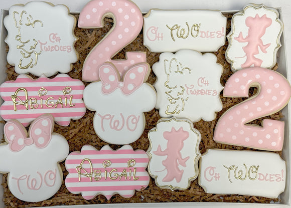 Pink and white mouse birthday theme sugar cookies - 1 Dozen