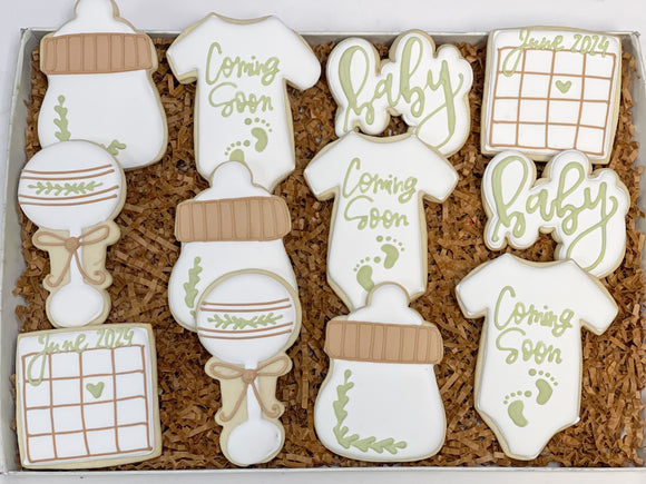 Baby Coming soon Greenery announcement theme sugar cookies - 1 Dozen