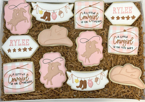 Cowgirl on the way baby shower theme sugar cookies - 1 Dozen