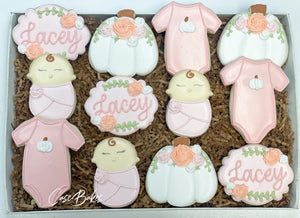 Girly Pumpkin baby shower sugar cookies - 1 Dozen