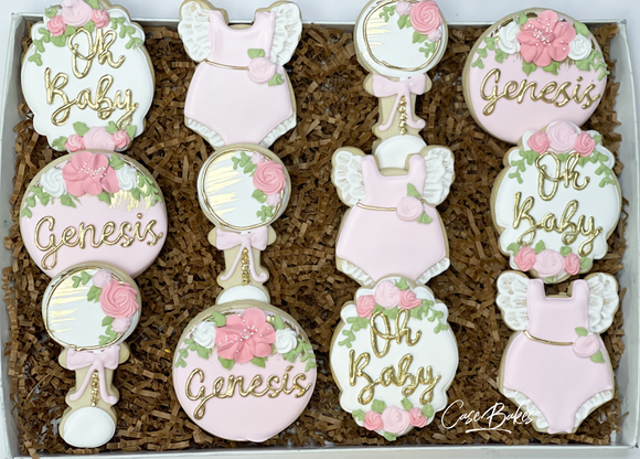 Pink and gold Floral baby shower Sugar cookies - 1 dozen