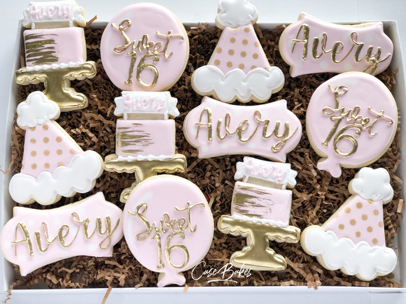Pink and Gold Birthday sugar cookies - 1 Dozen