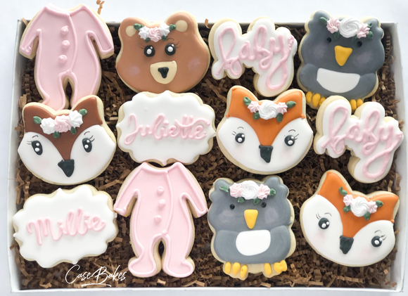 Girly Woodland Baby Shower Sugar Cookies (4) - 1 Dozen
