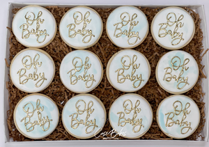 Watercolor and gold Oh Baby Shower sugar cookies - 1 dozen