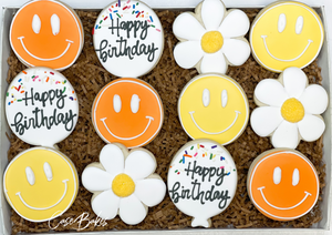 Generic flower and smiley faces Birthday sugar cookies - 1 dozen