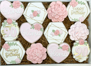 Floral Pink and Gold Birthday themed Sugar Cookies - 1 Dozen